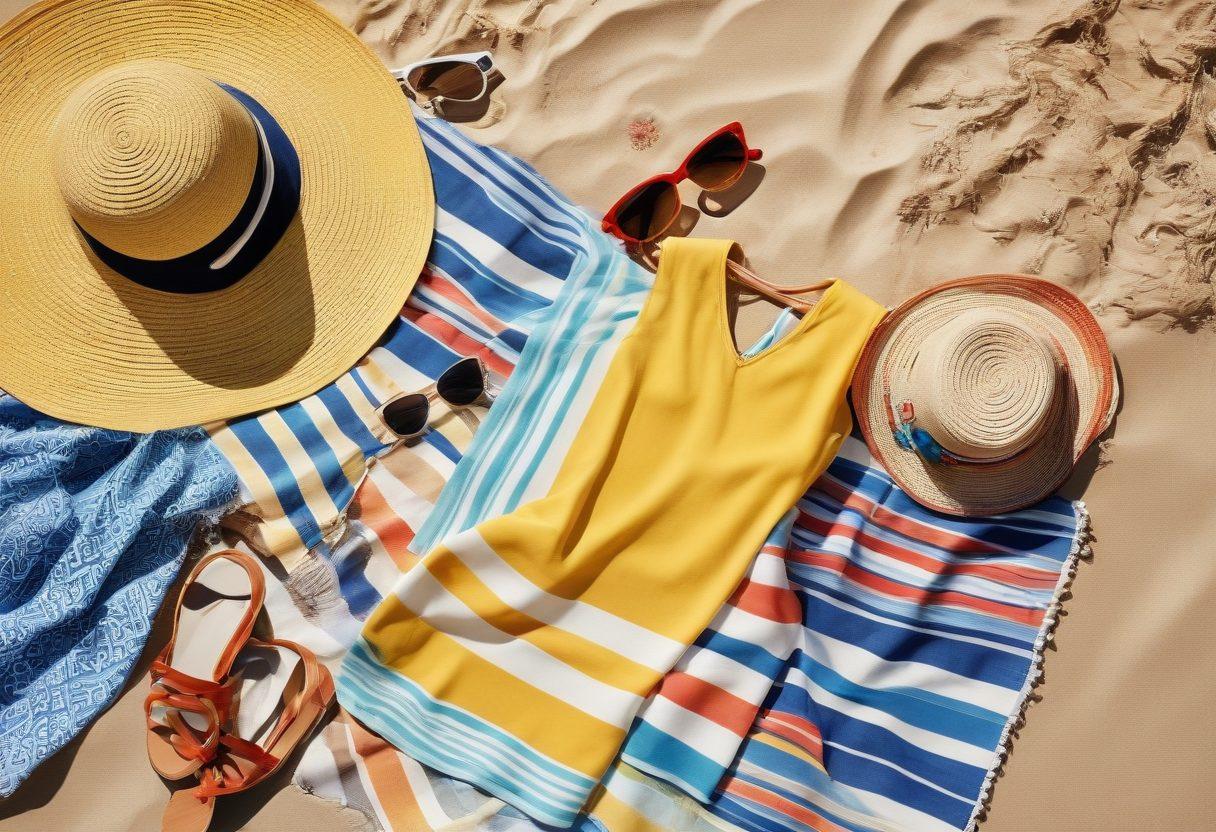 A stylish beach scene showcasing a diverse array of coastal fashion essentials, including vibrant swimwear, chic cover-ups, and trendy beach accessories like sun hats and sunglasses. The background features a picturesque seaside with soft waves and golden sand, while the foreground highlights a colorful beach towel spread out with fashion items artfully arranged. The scene captures a sunny atmosphere with a warm color palette that evokes a sense of relaxation and style. super-realistic. vibrant colors. beach setting.