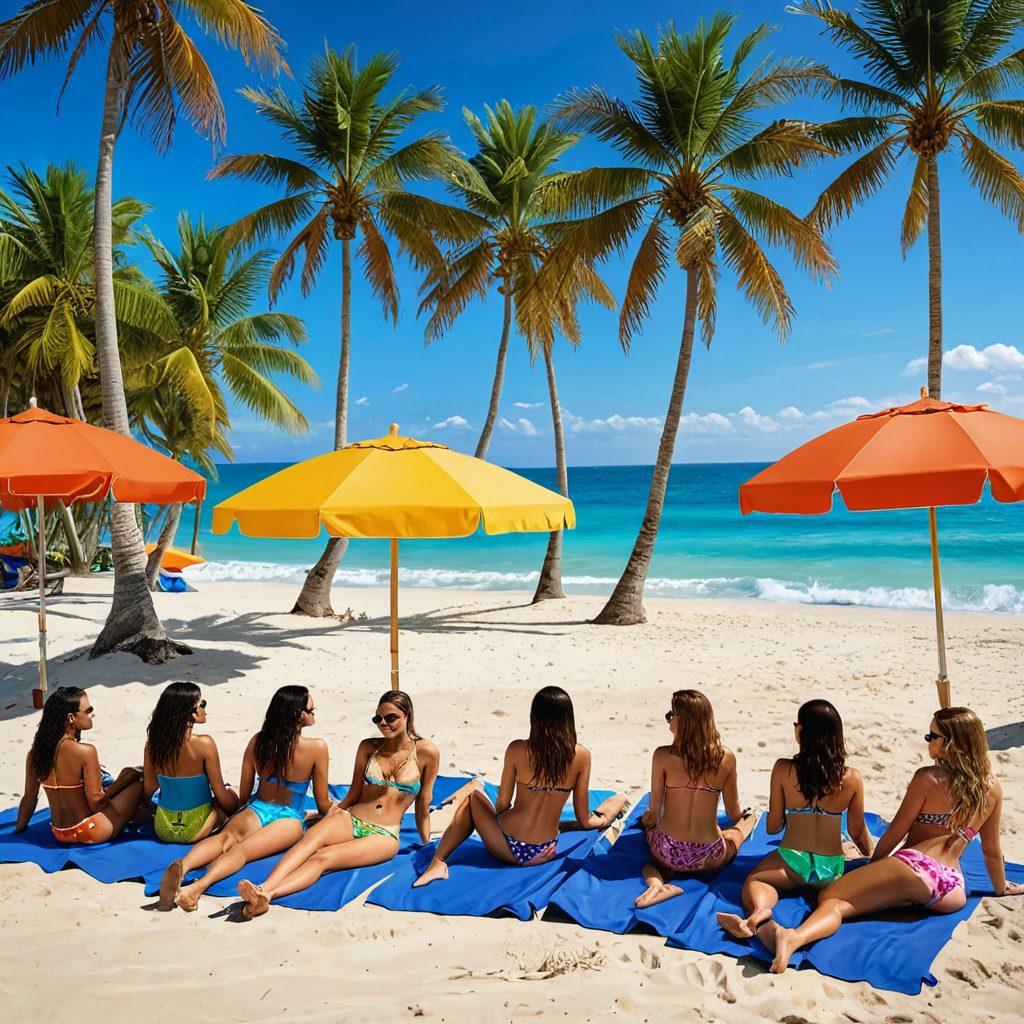 A sunny beach scene featuring diverse women of different ethnicities showcasing vibrant bikinis in various trendy styles, surrounded by colorful beach umbrellas and tropical palm trees. The backdrop includes a clear blue ocean and bright sun shining in a cloudless sky, creating a joyful, summer atmosphere. Add playful beach accessories like sunglasses and flip-flops scattered around. super-realistic. vibrant colors. beach theme.